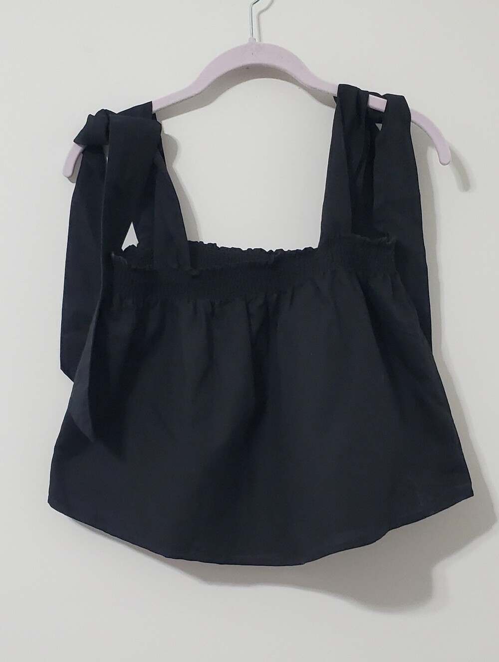 Something Navy Black Linen Blend  Tie-Shoulder Smocked Crop Top Size Medium